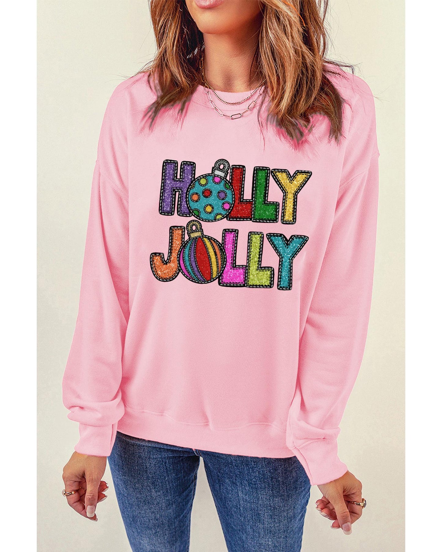 Pink HOLLY JOLLY Christmas Festive Letter Graphic Sweatshirt - M