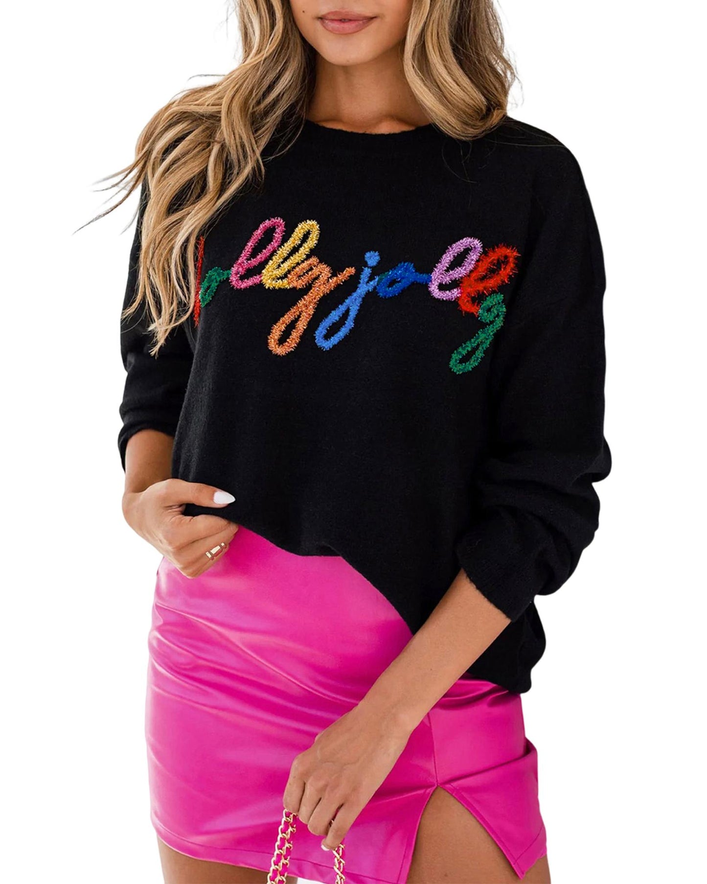 Black Holly Jolly Round Neck Casual Sweater - M