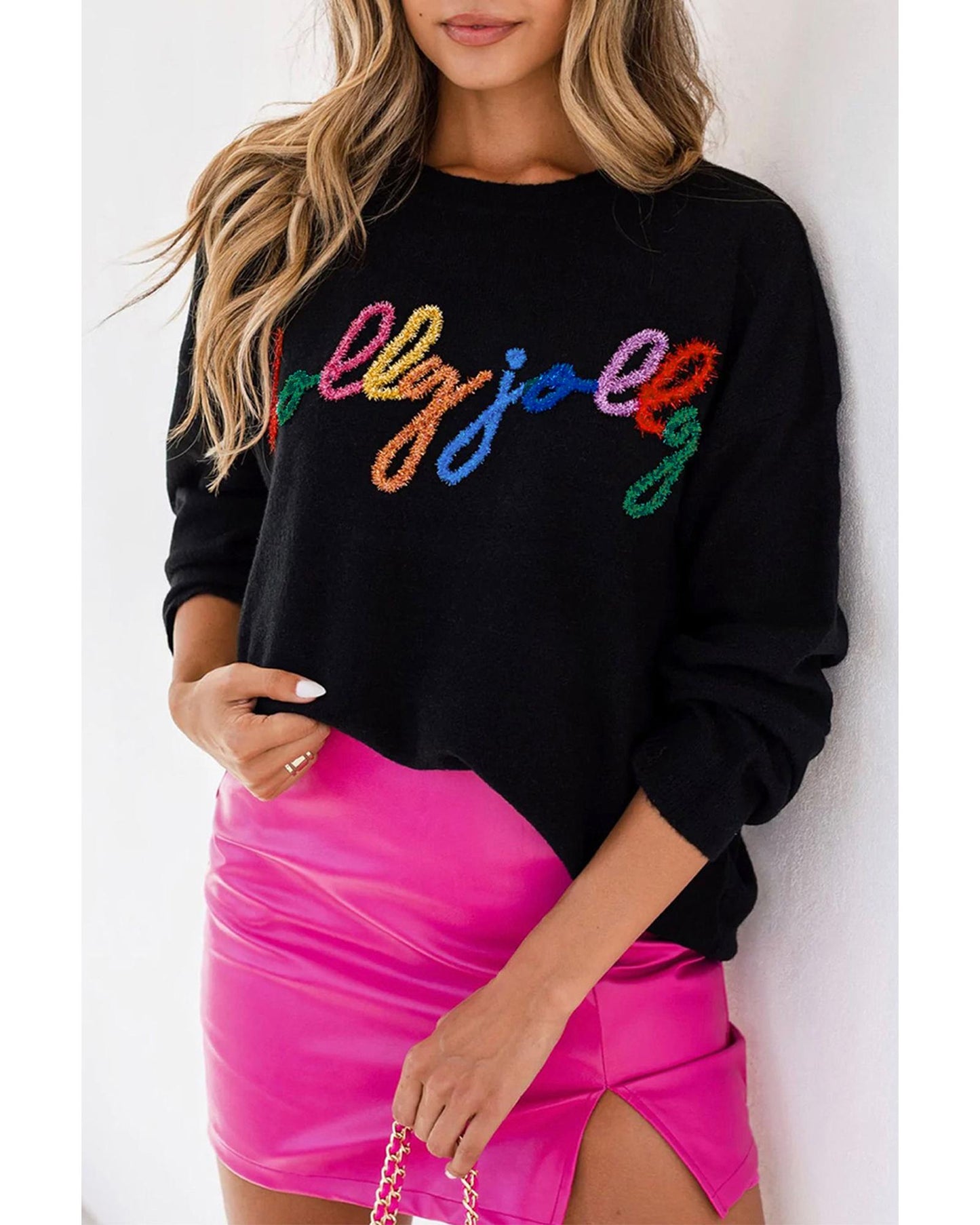 Black Holly Jolly Round Neck Casual Sweater - M
