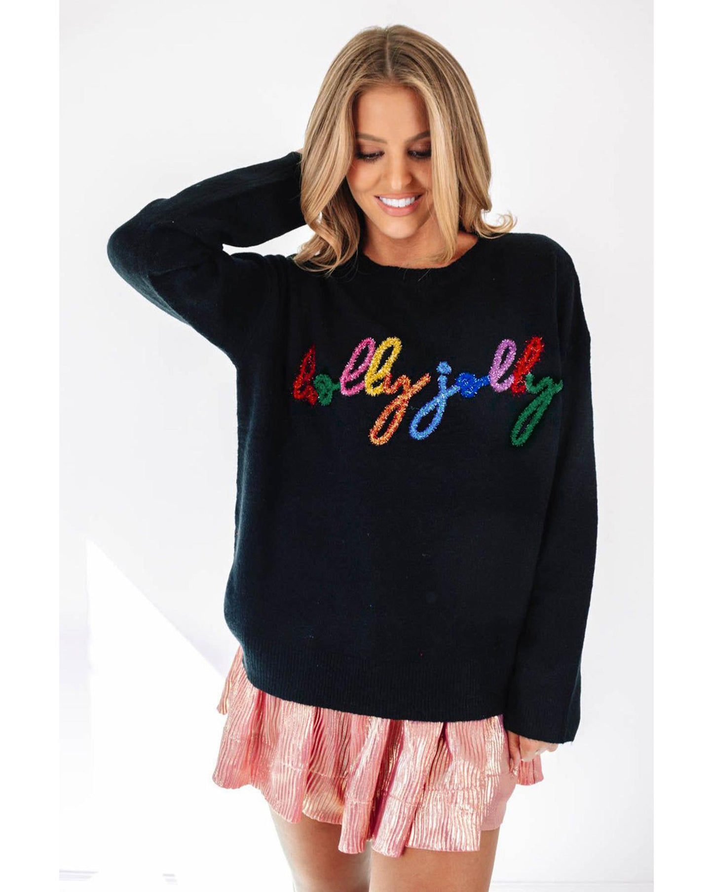 Black Holly Jolly Round Neck Casual Sweater - M
