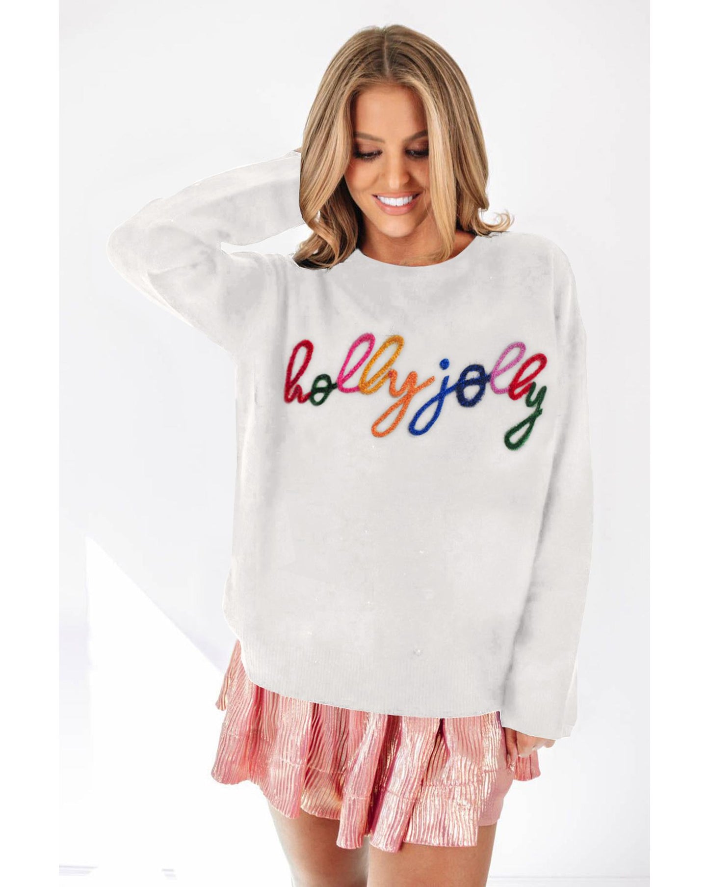 White Holly Jolly Round Neck Casual Sweater - M