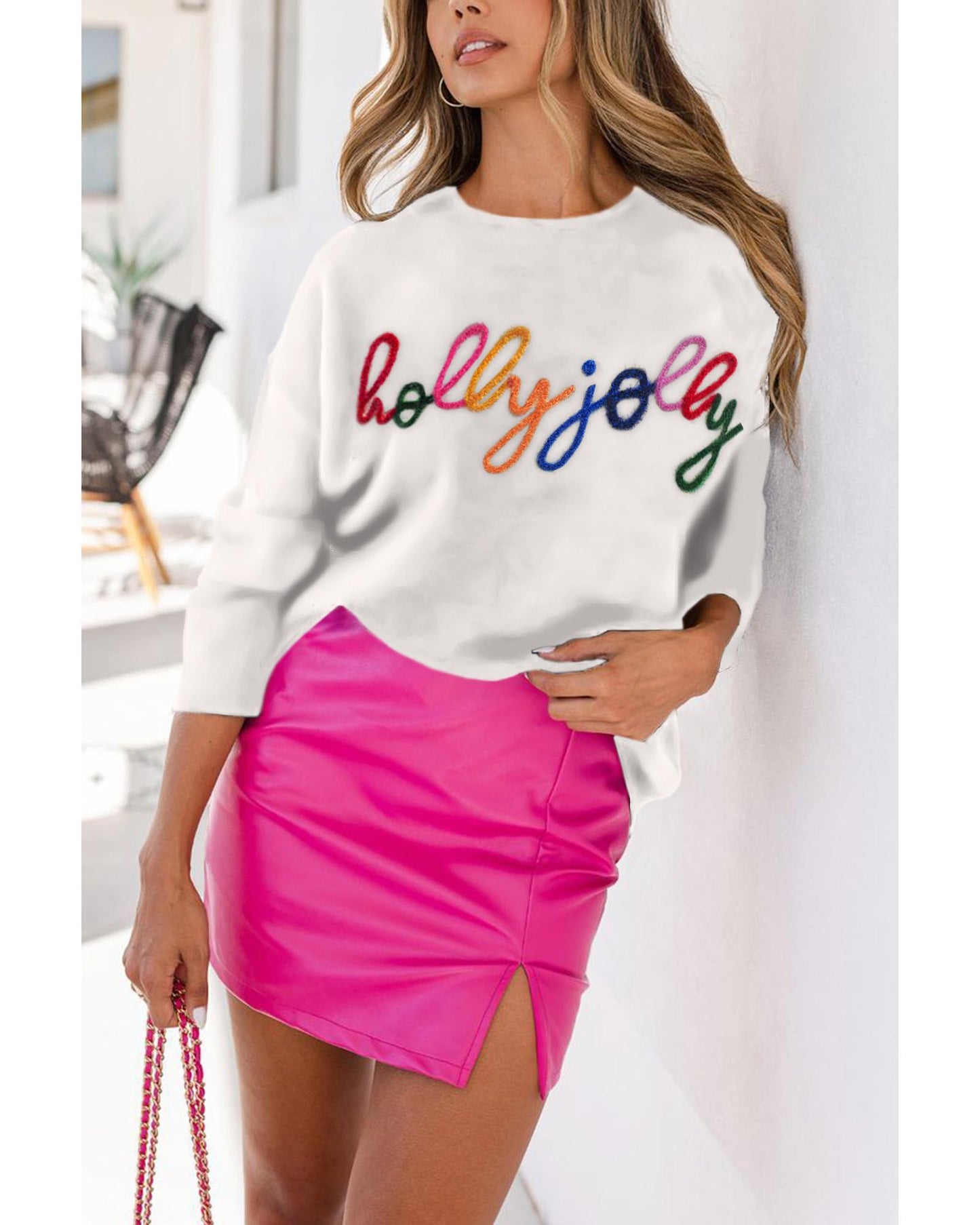 White Holly Jolly Round Neck Casual Sweater - M