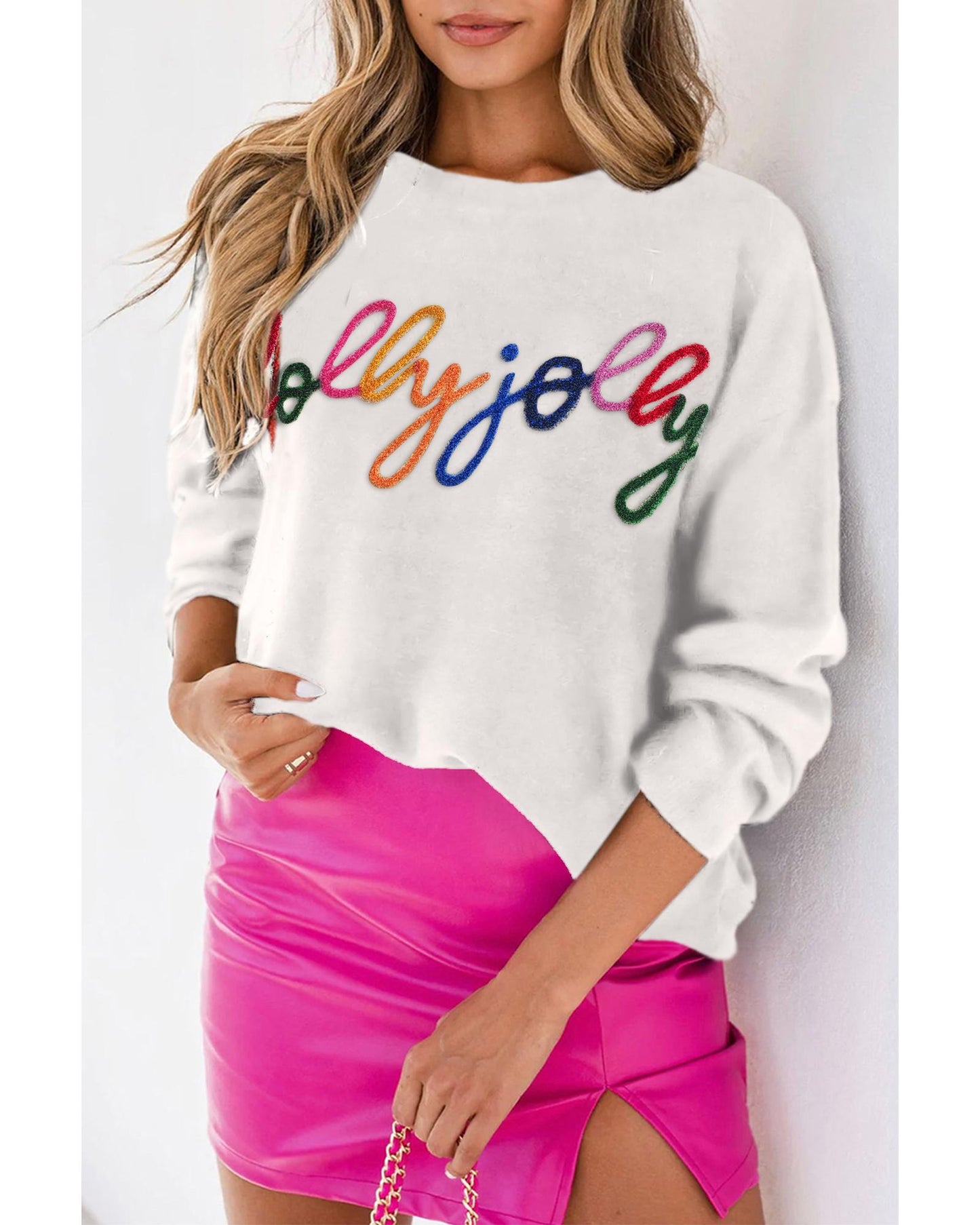 White Holly Jolly Round Neck Casual Sweater - M