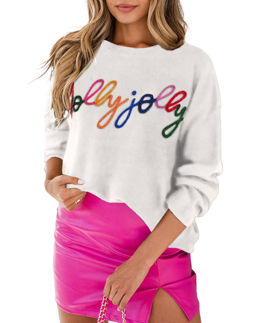 White Holly Jolly Round Neck Casual Sweater - S
