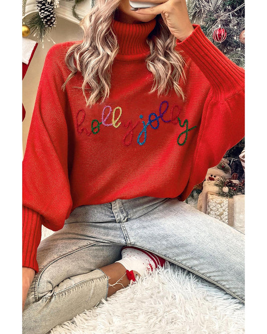 Fiery Red Christmas Holly Jolly Tinsel Graphic High Neck Sweater - S