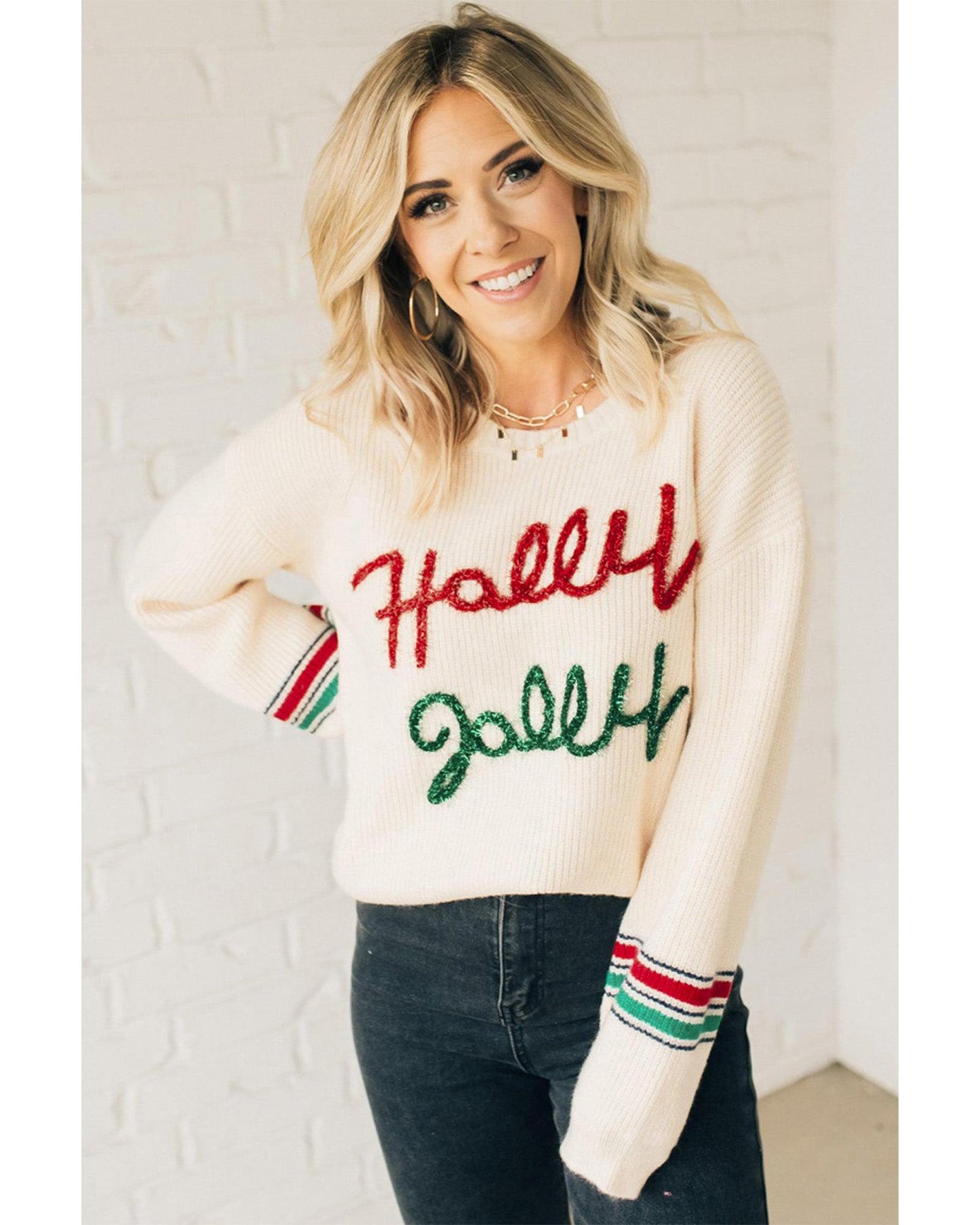 Beige Tinsel Holly Jolly Graphic Classic Sweater - M