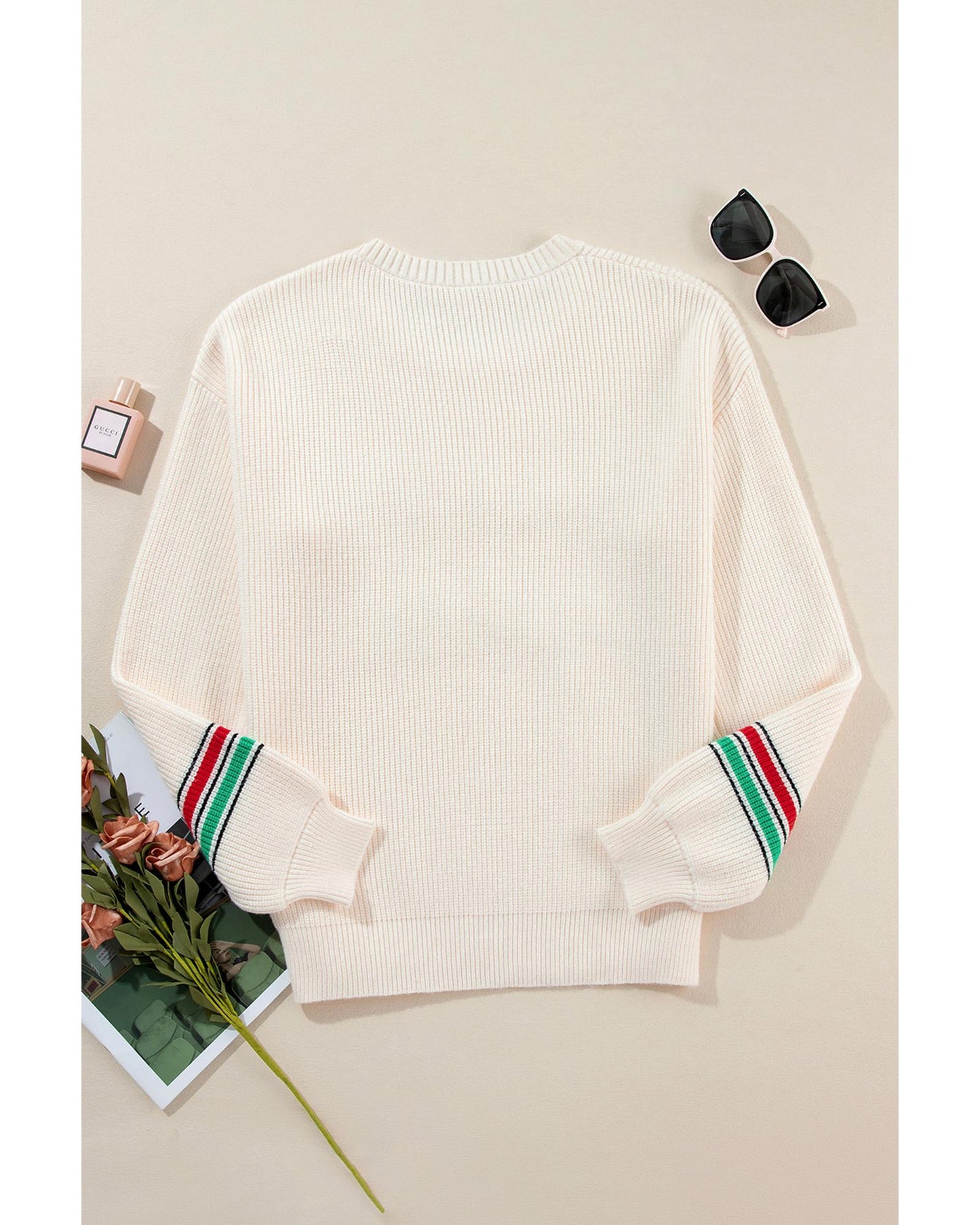 Beige Tinsel Holly Jolly Graphic Classic Sweater - M
