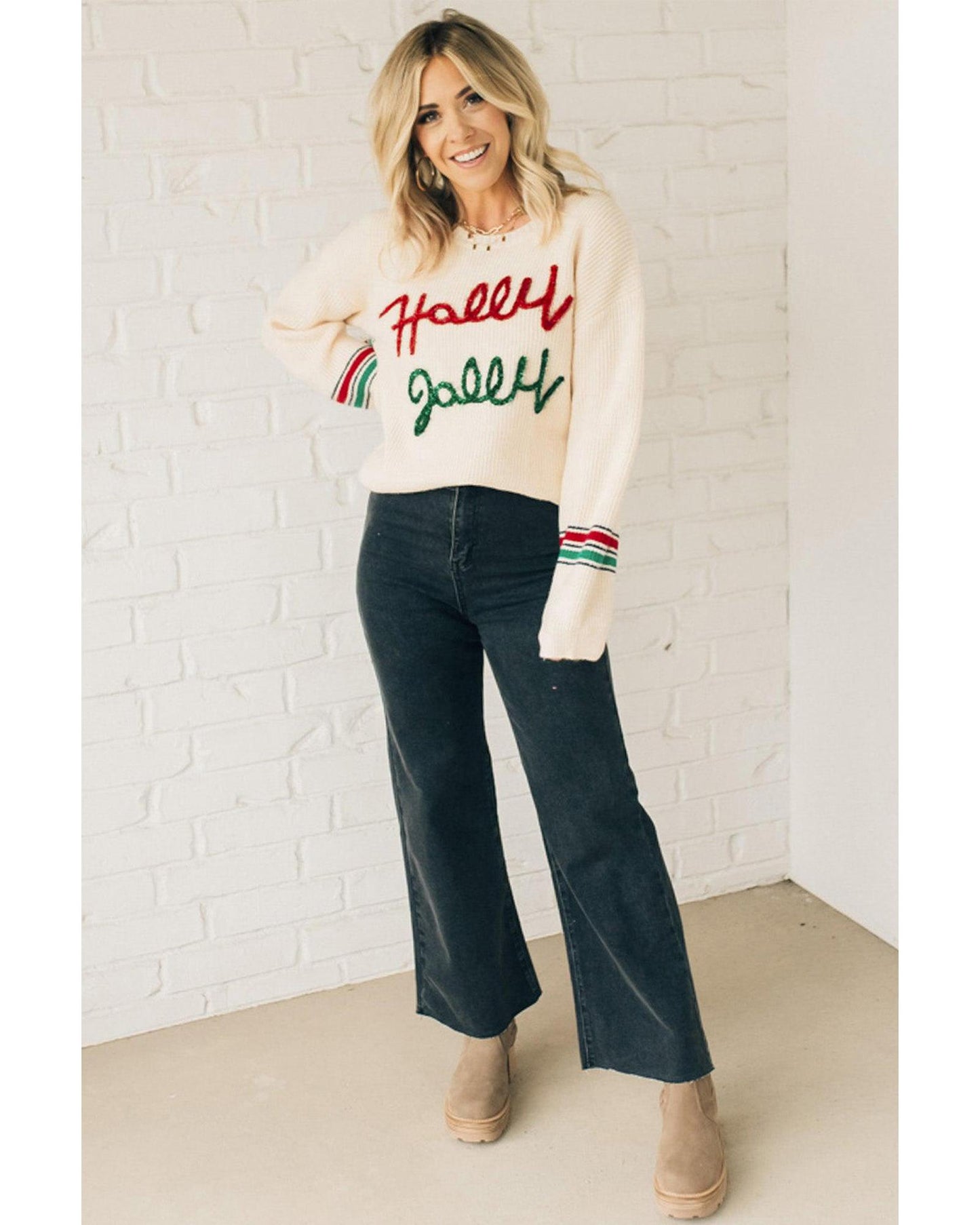 Beige Tinsel Holly Jolly Graphic Classic Sweater - M