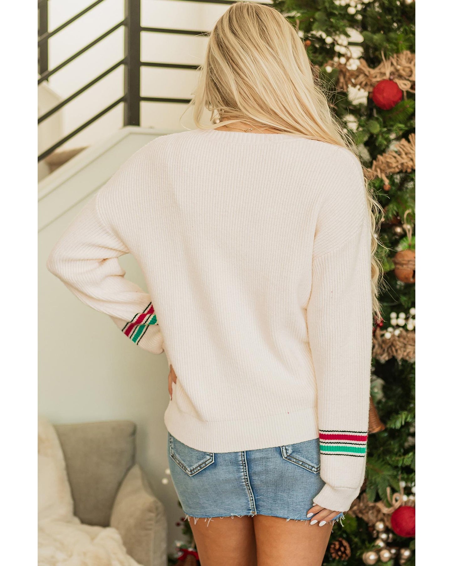 Beige Tinsel Holly Jolly Graphic Classic Sweater - M