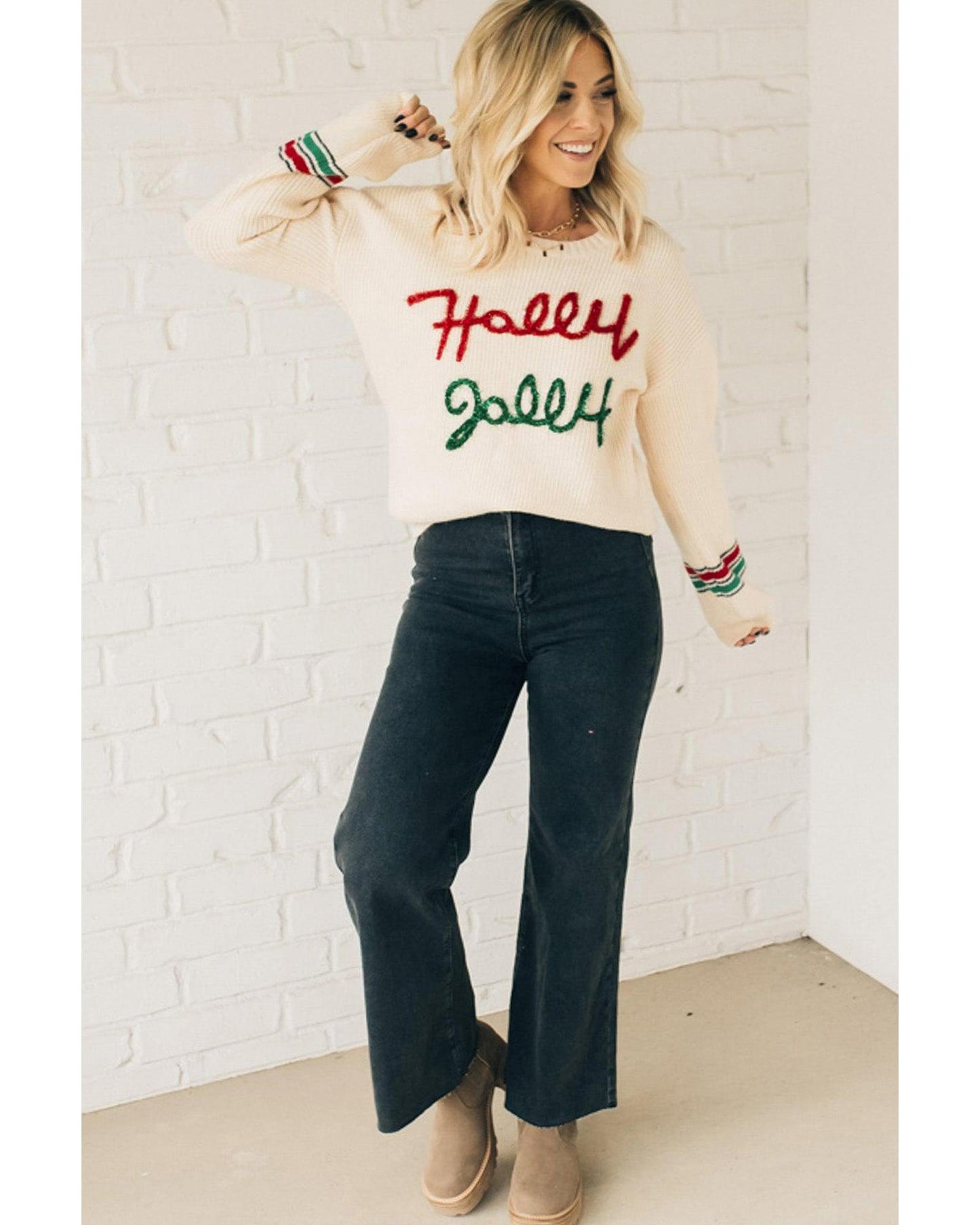 Beige Tinsel Holly Jolly Graphic Classic Sweater - M