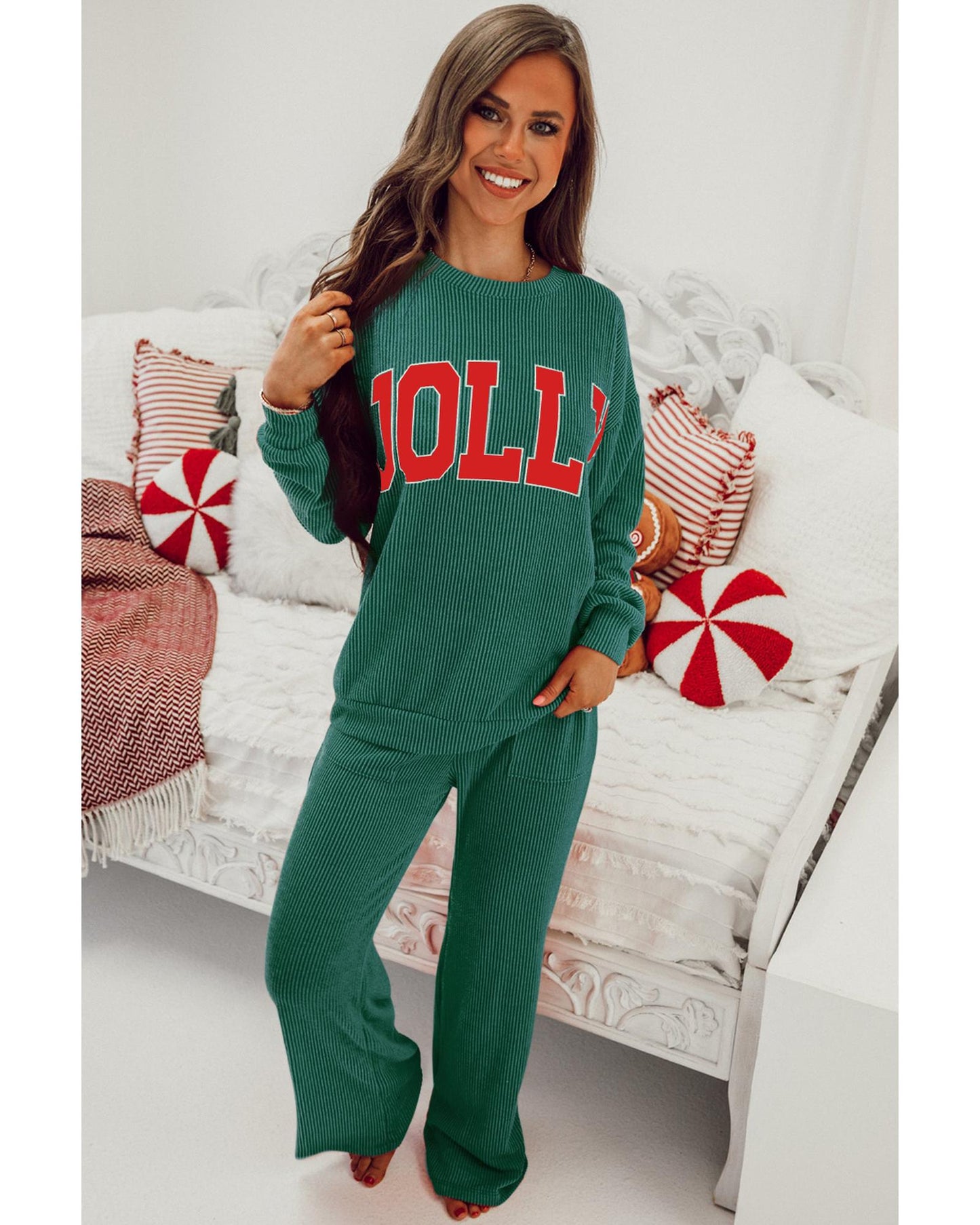 Evergreen JOLLY Corded Long Sleeve Top and Pockets Pants Set - S