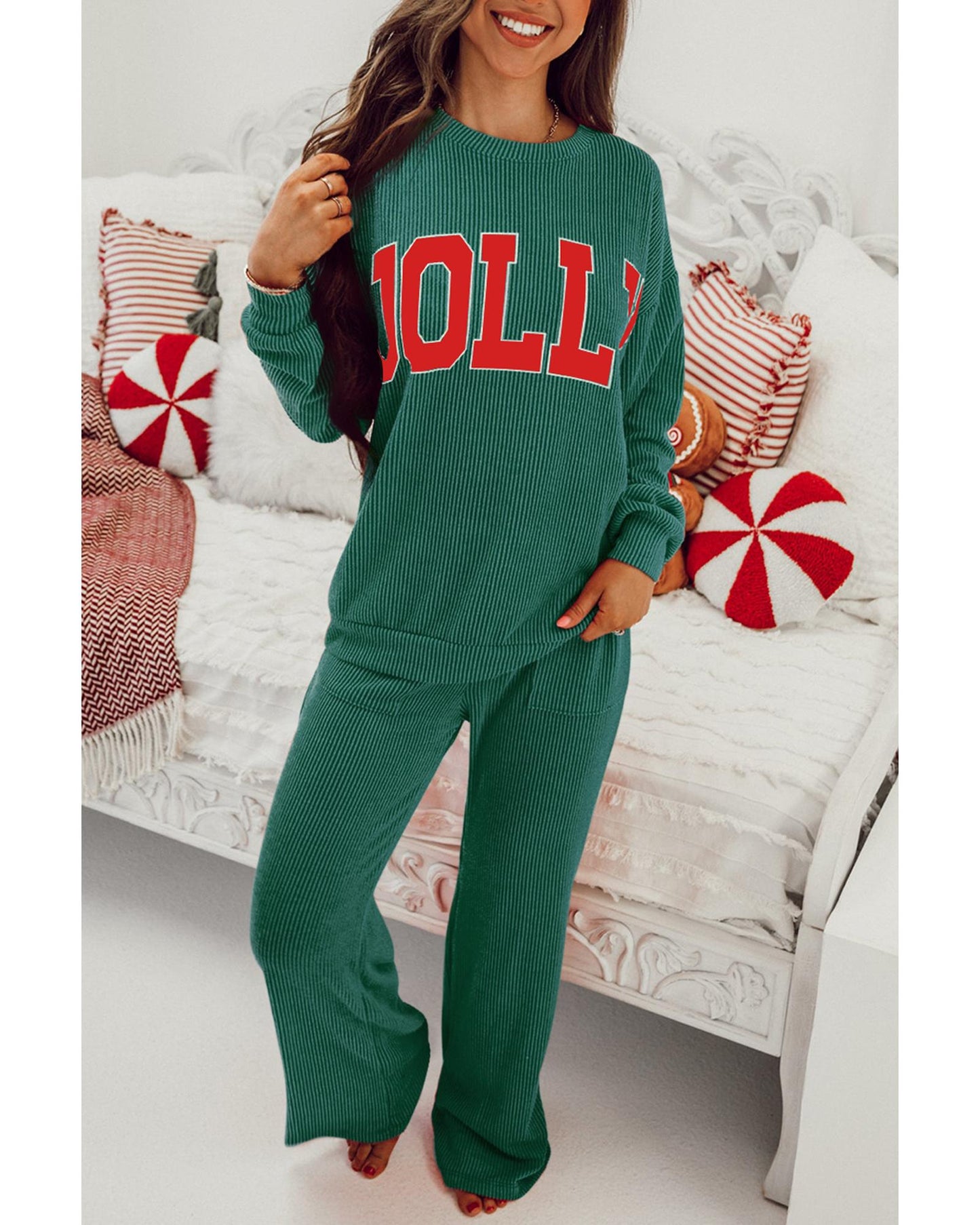 Evergreen JOLLY Corded Long Sleeve Top and Pockets Pants Set - S