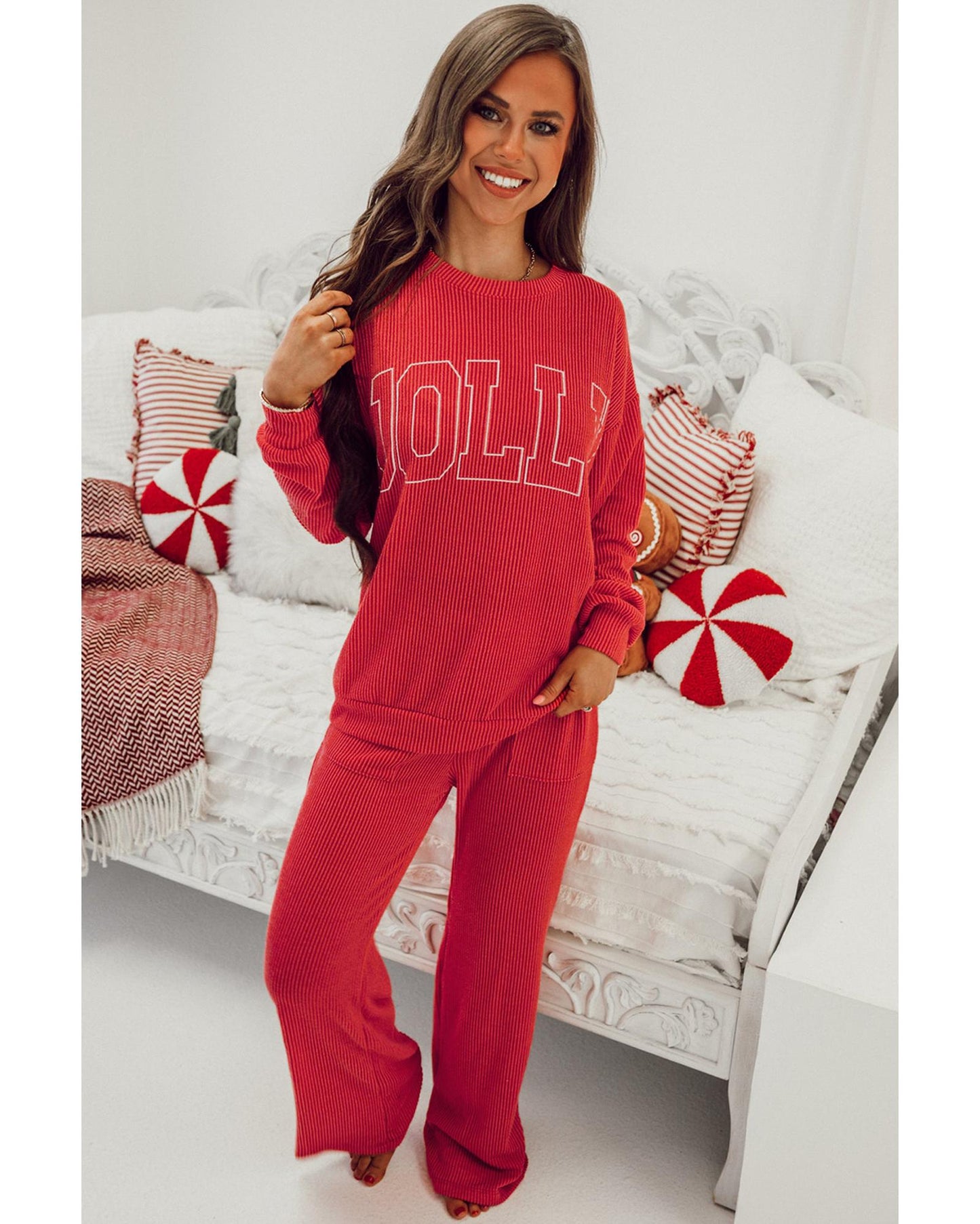 Fiery Red JOLLY Corded Long Sleeve Top and Pockets Pants Set - L