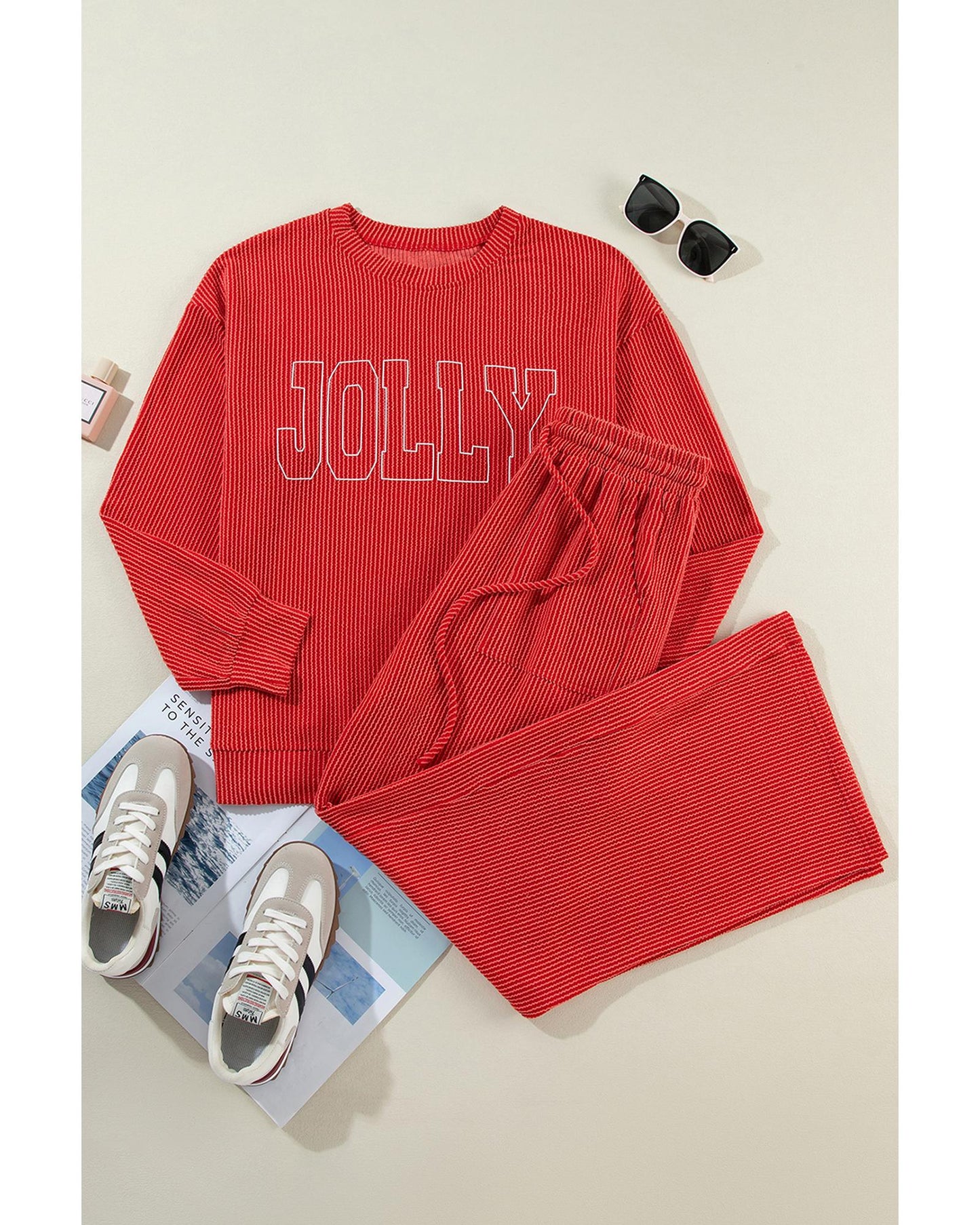Fiery Red JOLLY Corded Long Sleeve Top and Pockets Pants Set - L