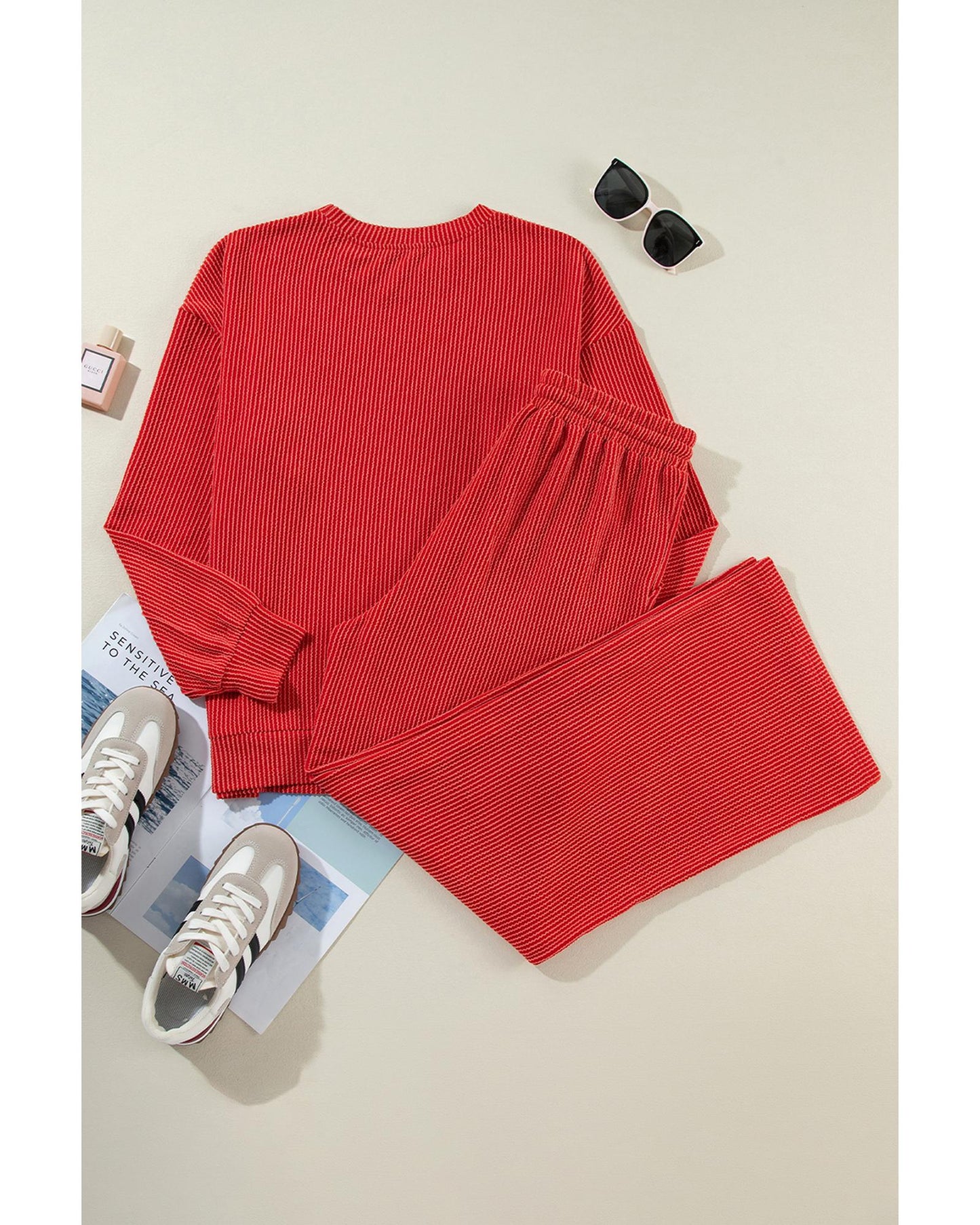 Fiery Red JOLLY Corded Long Sleeve Top and Pockets Pants Set - L