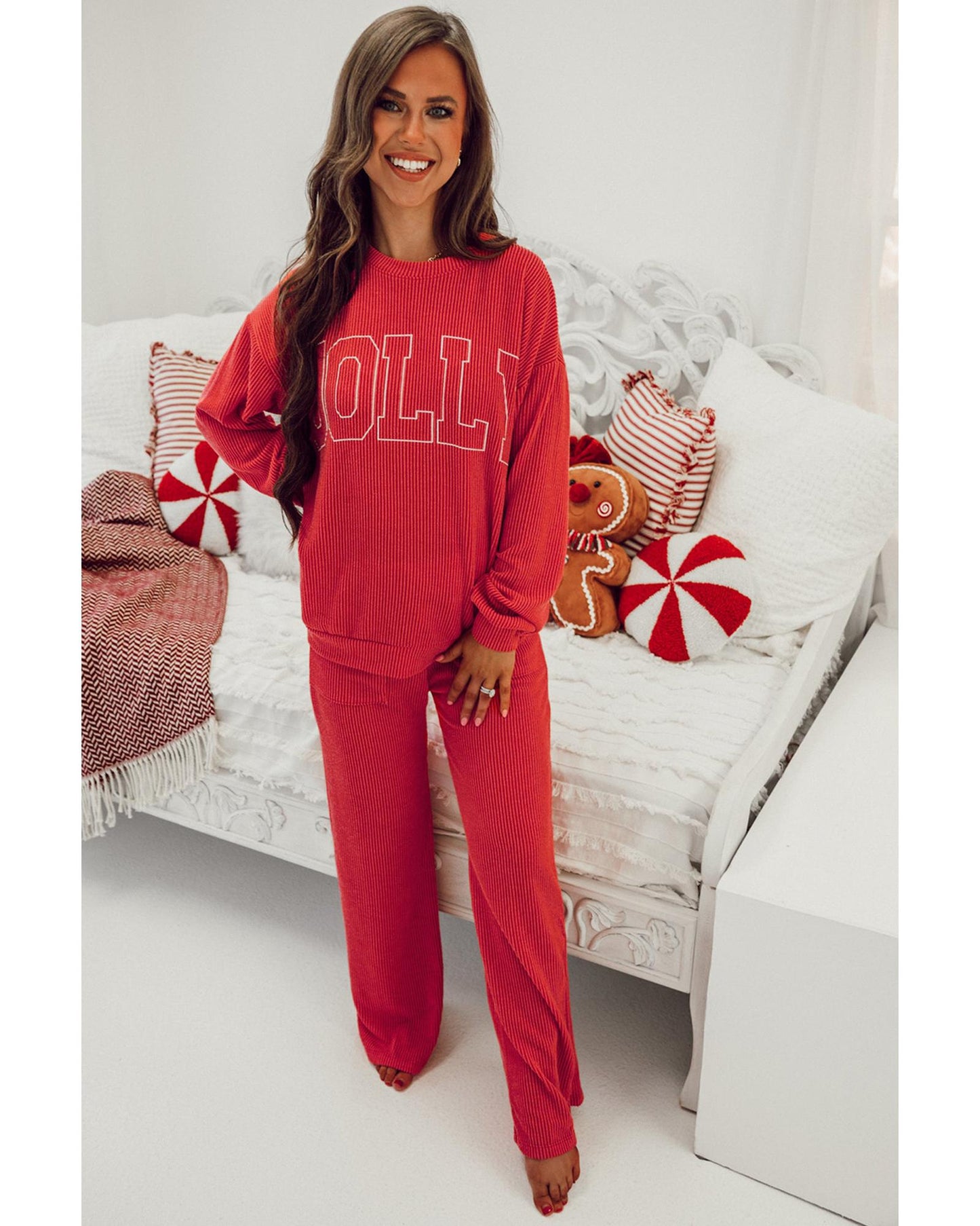 Fiery Red JOLLY Corded Long Sleeve Top and Pockets Pants Set - L