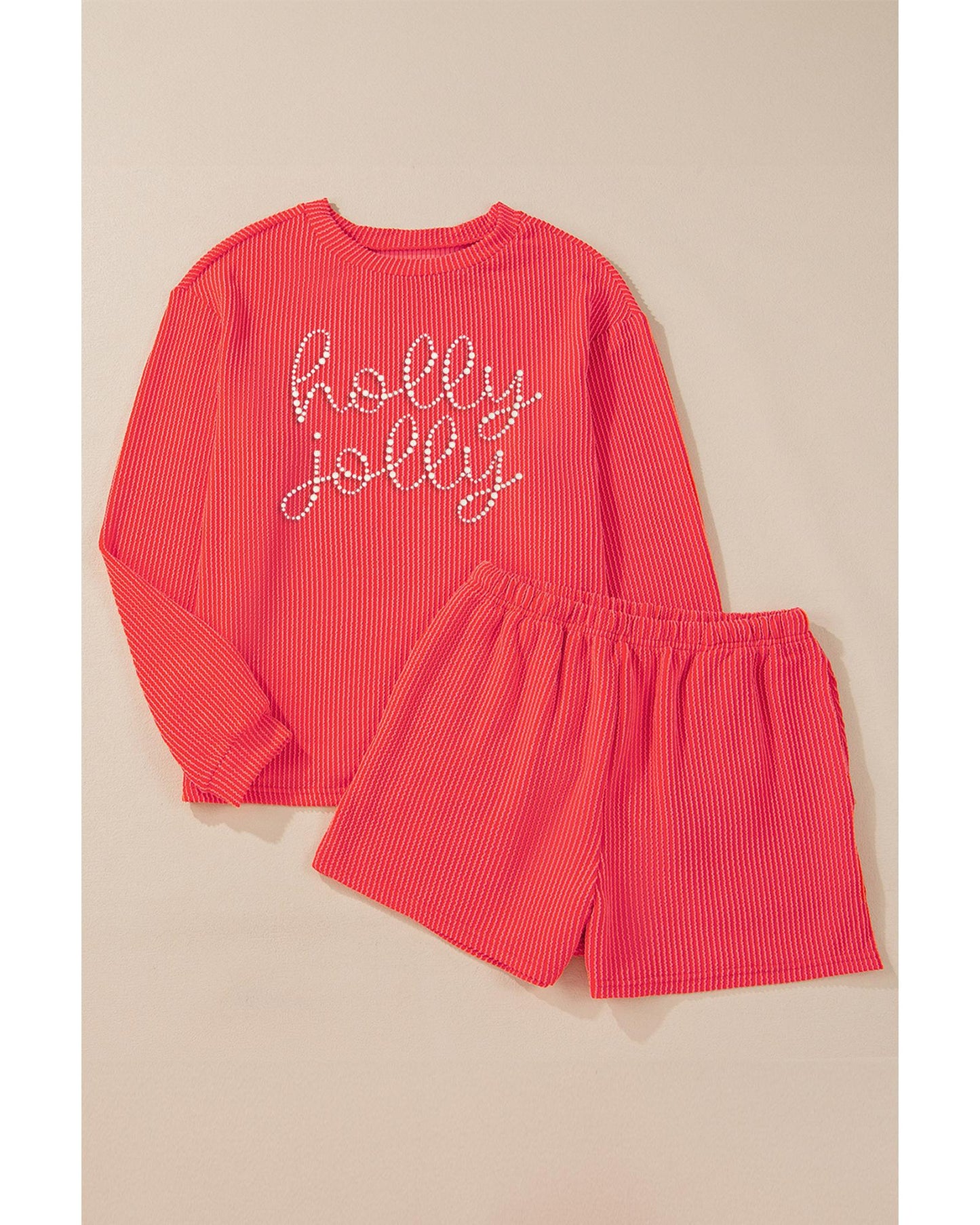 Gold Flame Rhinestone holly jolly Pattern Corded Long Sleeve Top and Shorts Set - M