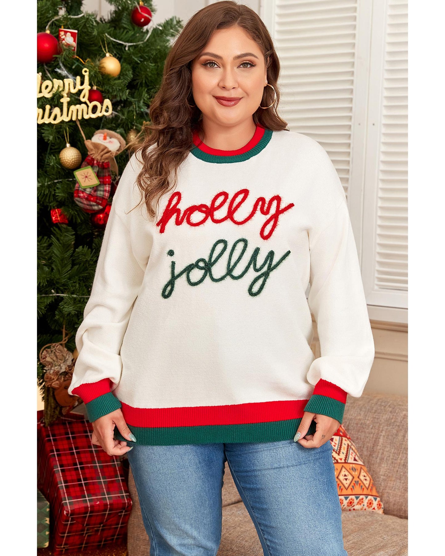 White Tinsel holly jolly Pattern Colorblock Edge Drop Shoulder Plus Size Sweater - 1X