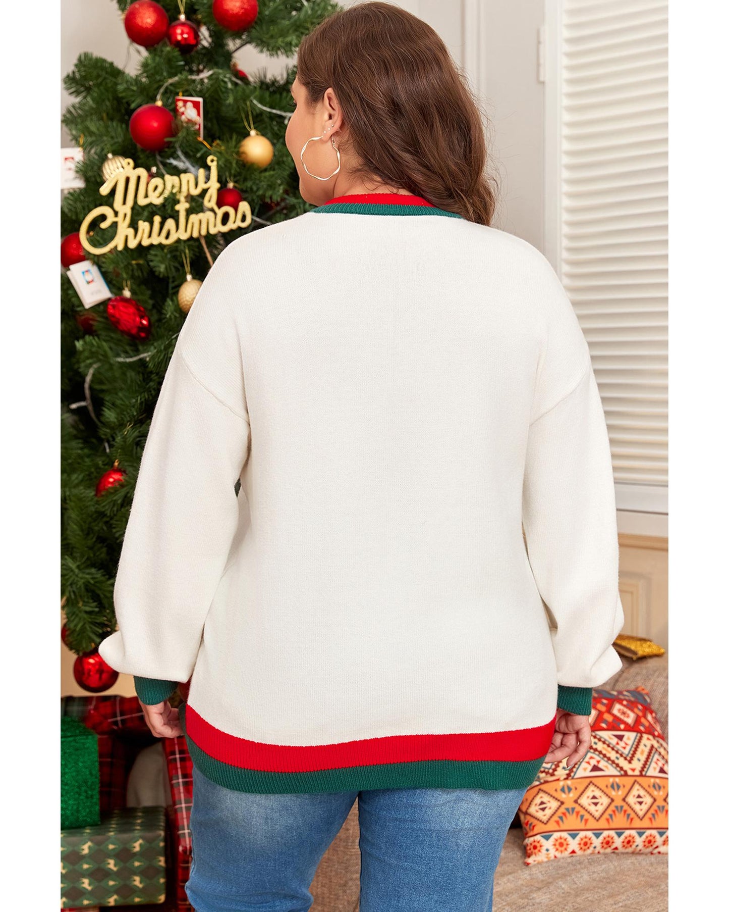 White Tinsel holly jolly Pattern Colorblock Edge Drop Shoulder Plus Size Sweater - 1X
