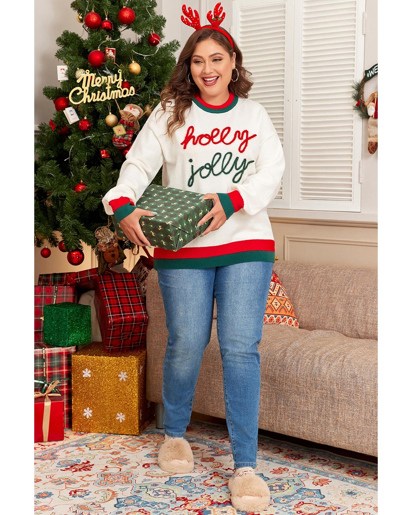 White Tinsel holly jolly Pattern Colorblock Edge Drop Shoulder Plus Size Sweater - 1X