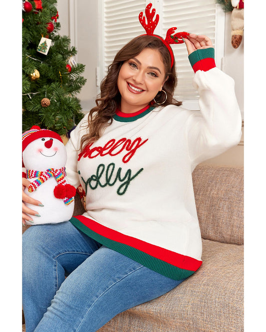 White Tinsel holly jolly Pattern Colorblock Edge Drop Shoulder Plus Size Sweater - 2X
