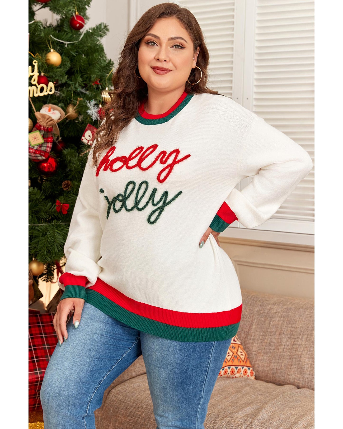 White Tinsel holly jolly Pattern Colorblock Edge Drop Shoulder Plus Size Sweater - 4X