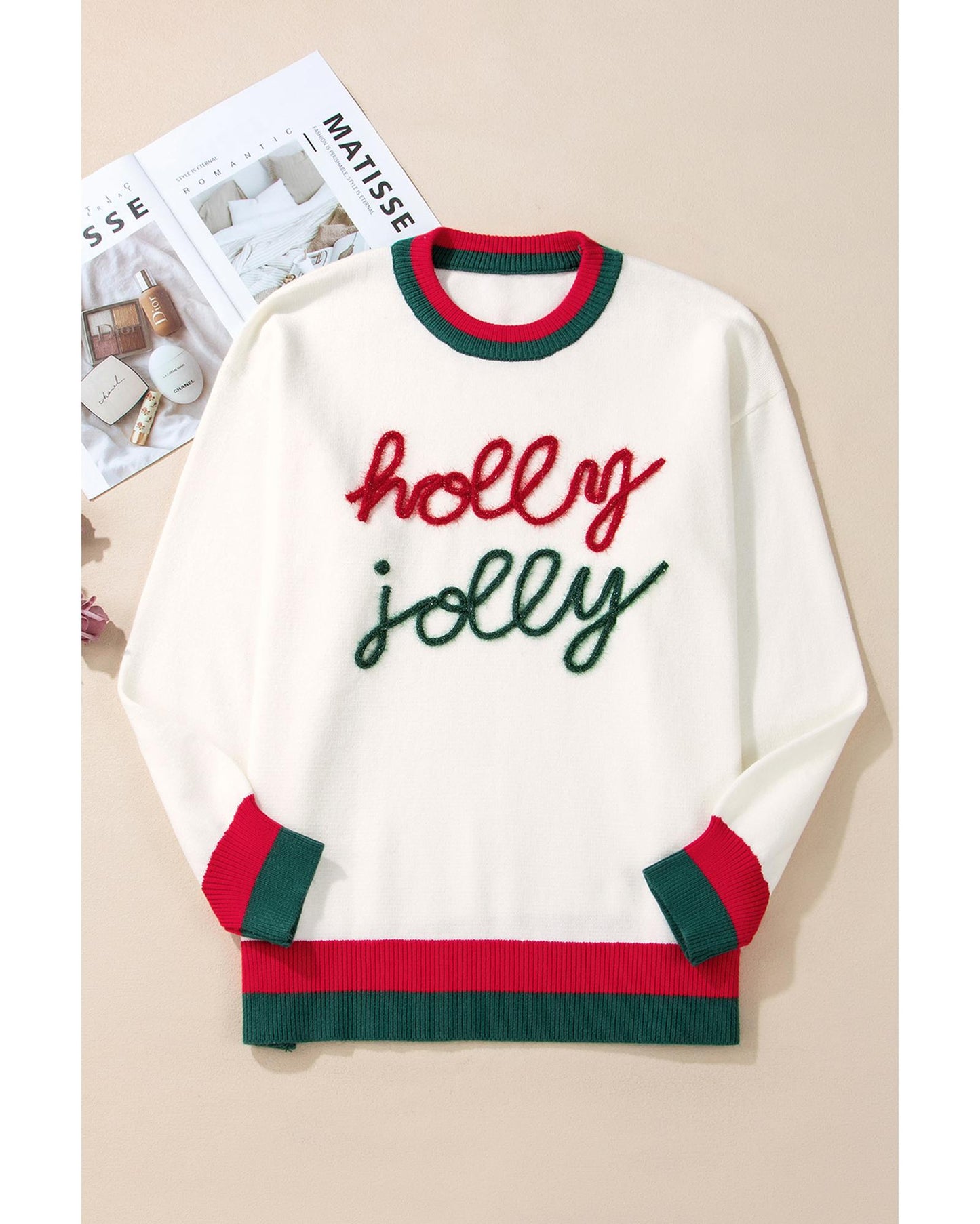 White Tinsel holly jolly Pattern Colorblock Edge Drop Shoulder Plus Size Sweater - 4X