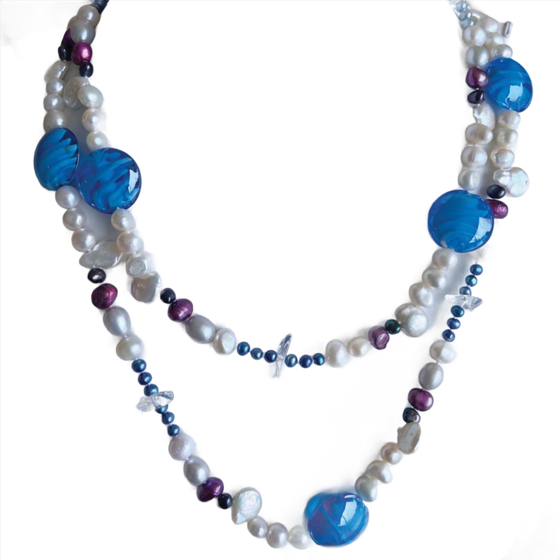 double strand blue white glass twist necklace freshwater pearls