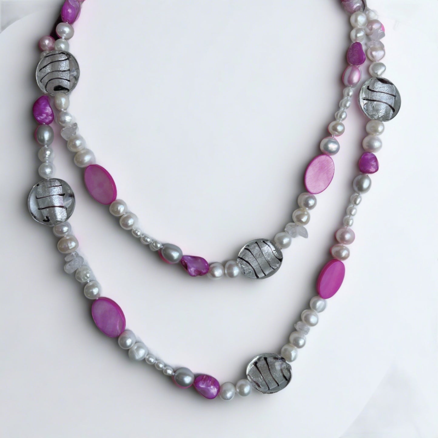 White freshwater pearls round baroque rice pearls pink mother of pearl glass