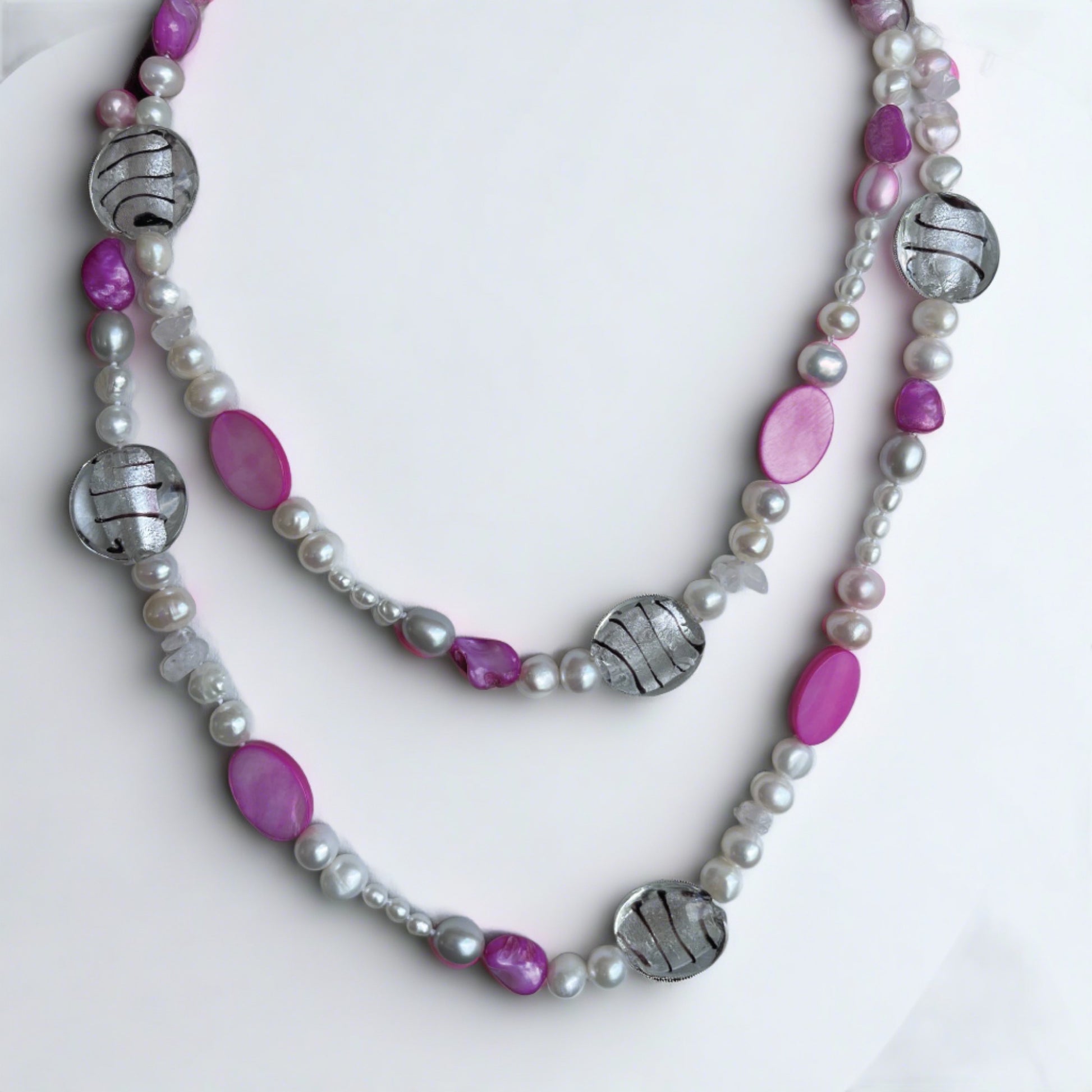 White freshwater pearls round baroque rice pearls pink mother of pearl glass