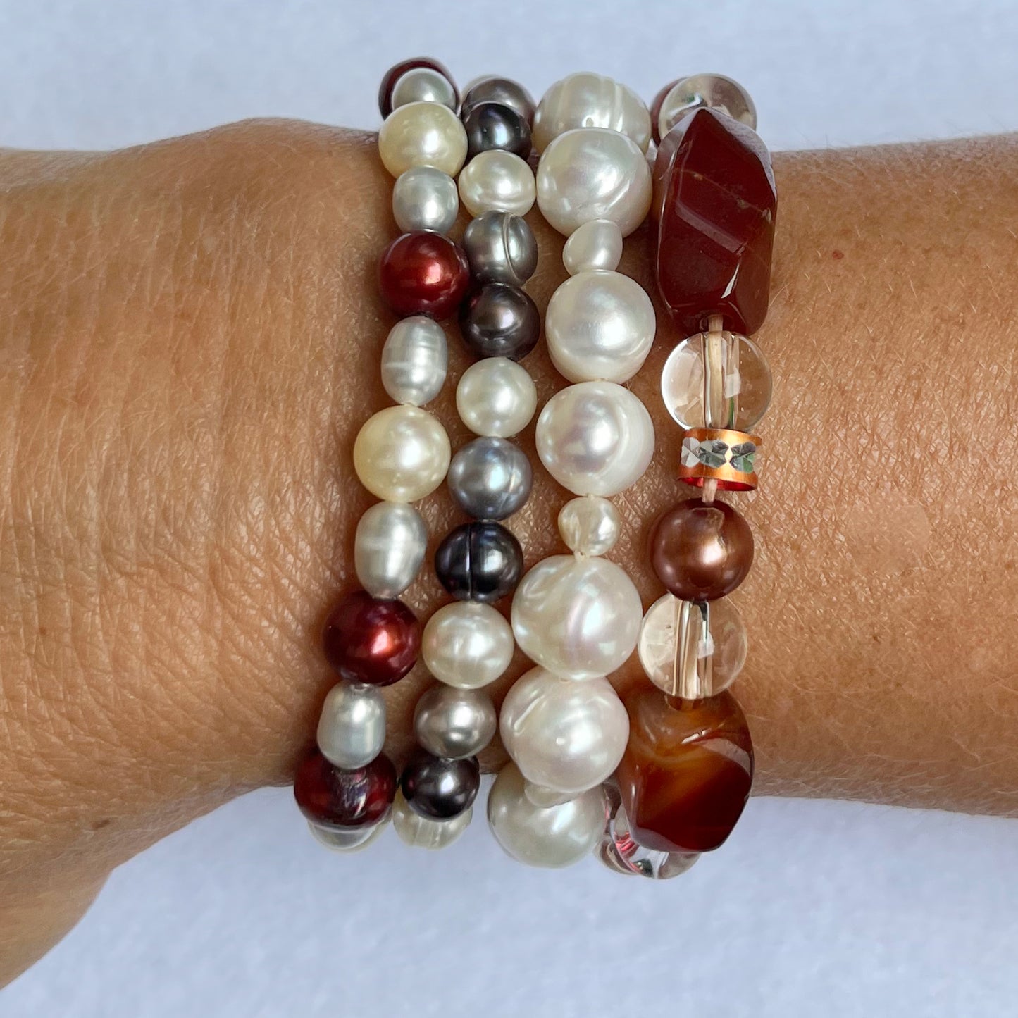 burgundy white grey pearl toffee glass bracelets