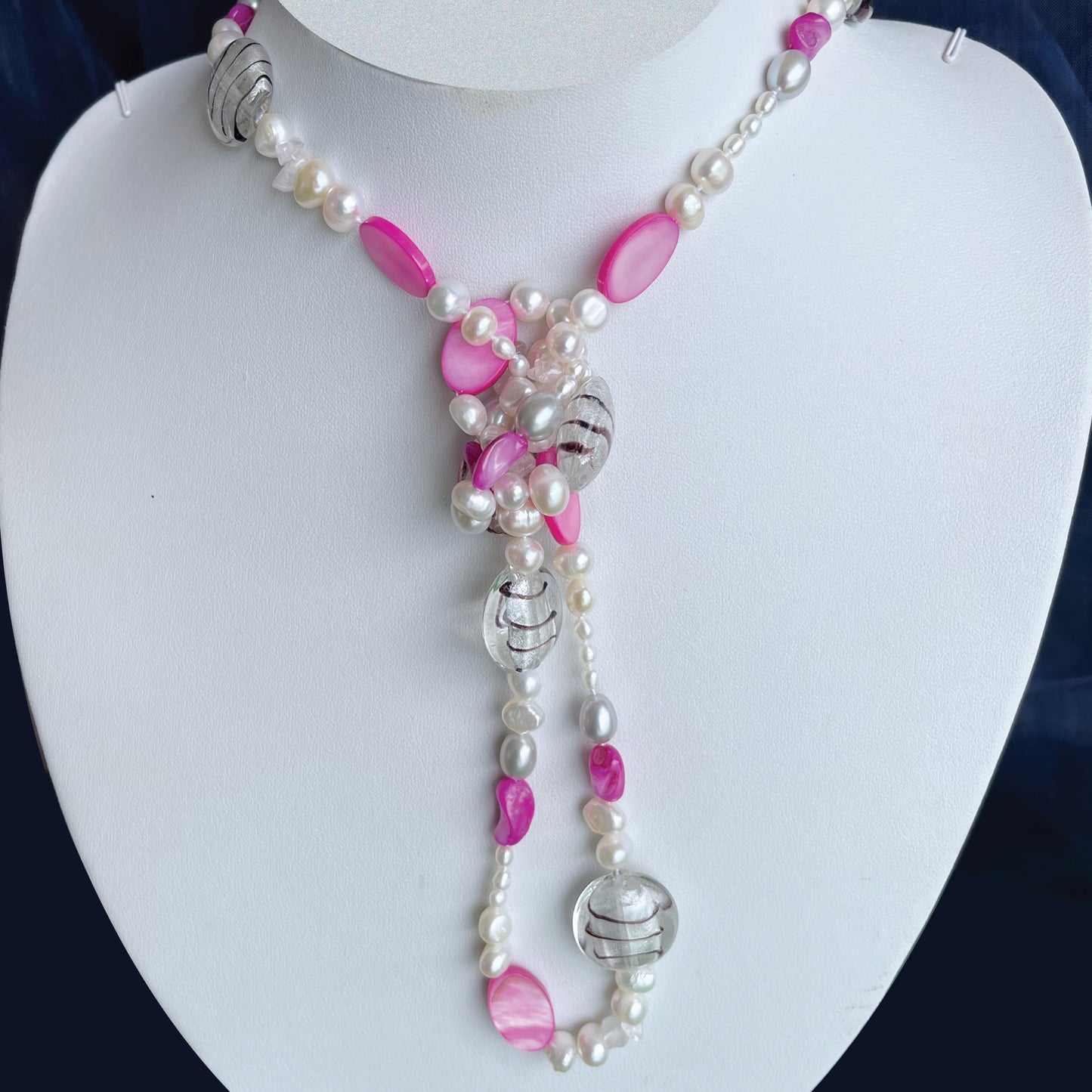pink white pearl necklace twist knotted