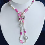pink white pearl necklace twist knotted