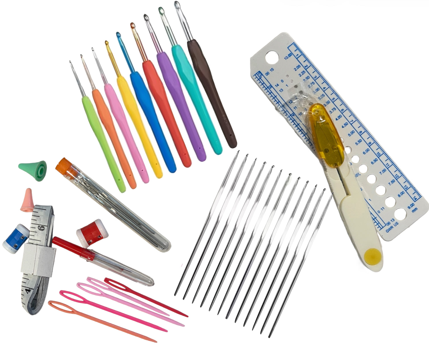 Set of colorful crochet hooks, needles, and measurement tools on a white background