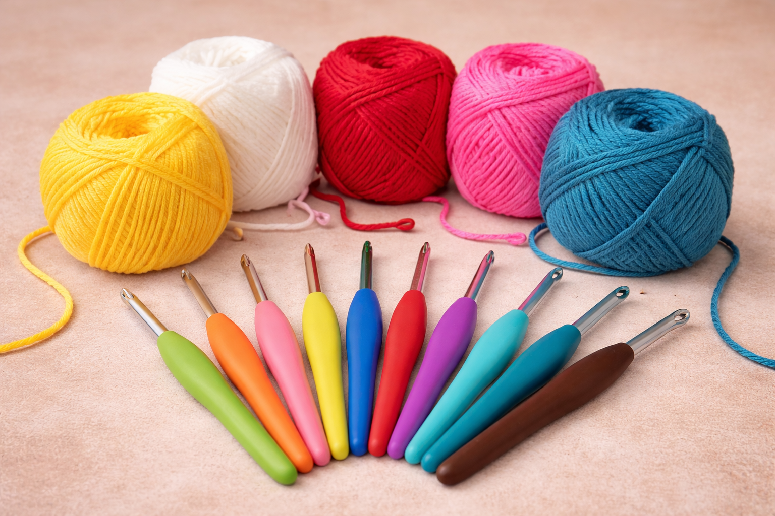 Colorful yarn balls and crochet hooks on a beige surface