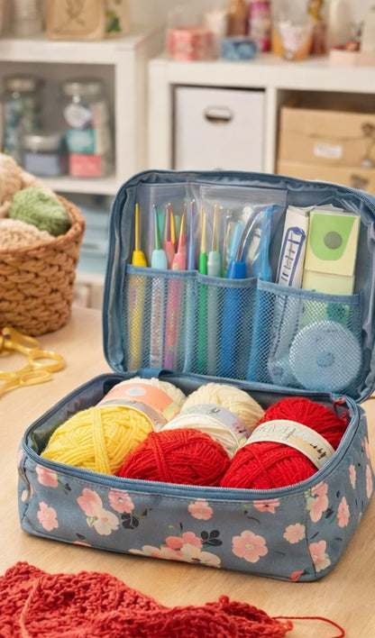 Floral-patterned knitting crochet kit with yarn and tools on a wooden surface