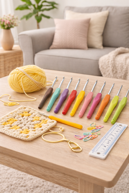 Crochet hooks with colorful handles on a wooden table, surrounded by yarn and crochet work in a cozy living room setting.
