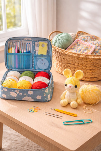 Knitting kit with yarn and tools on a wooden table