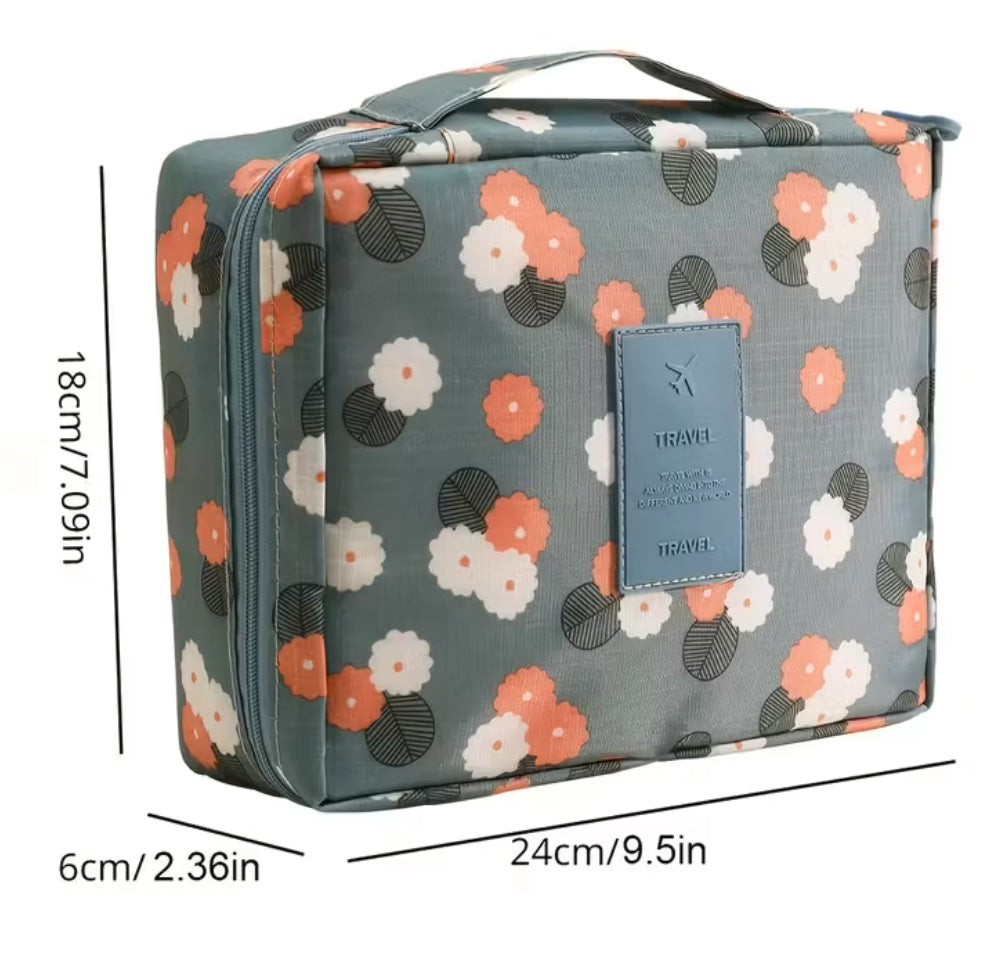 Floral-patterned travel bag crochet kit with measurements on a white background