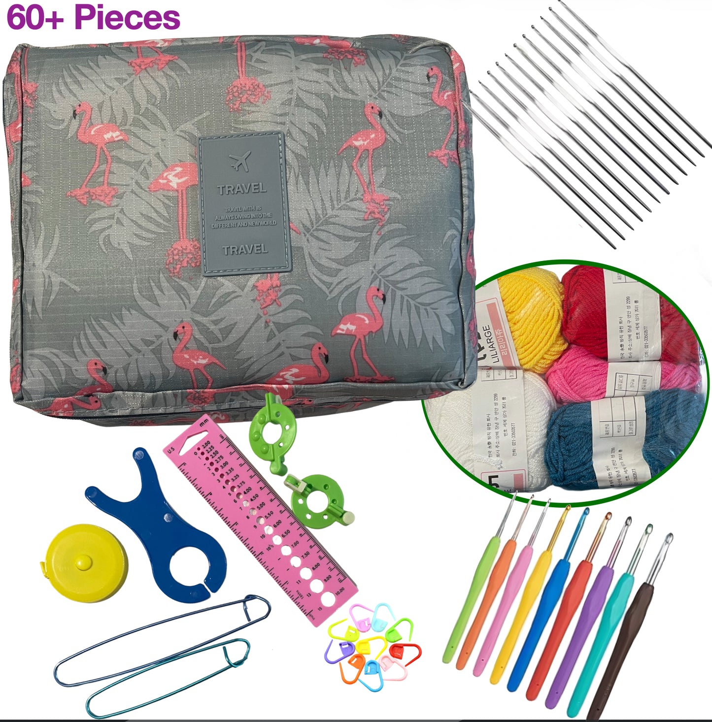 Crochet Starter Kit – All in 1 Travel Set with Yarn Hooks & Accessories Flamingo