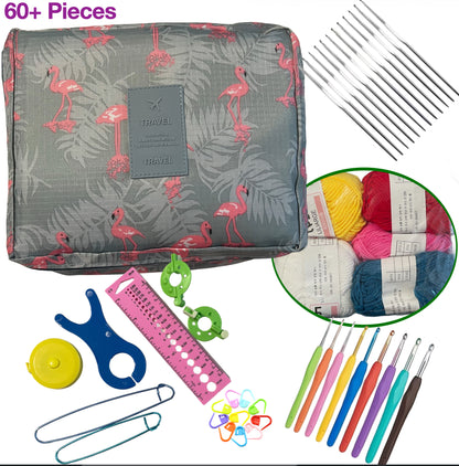 Crochet Starter Kit – All in 1 Travel Set with Yarn Hooks & Accessories Flamingo