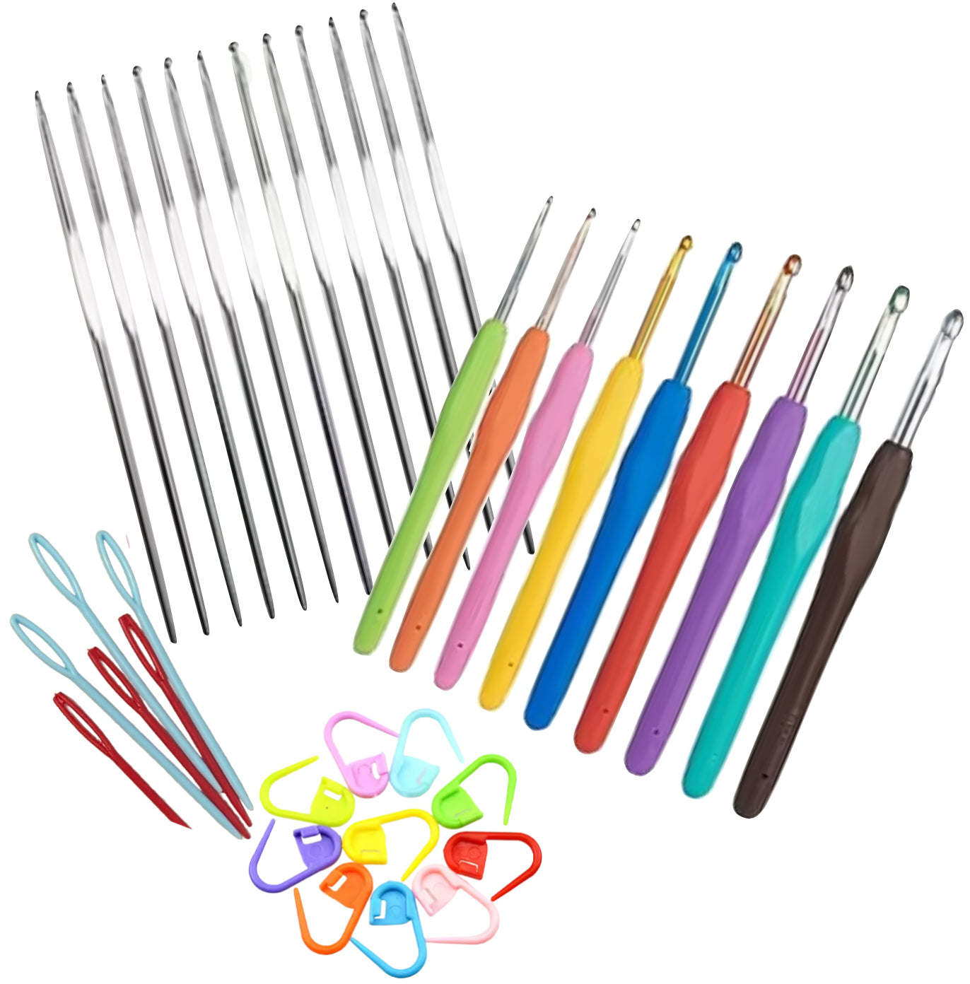 Set of colorful crochet hooks with various sizes on a white background