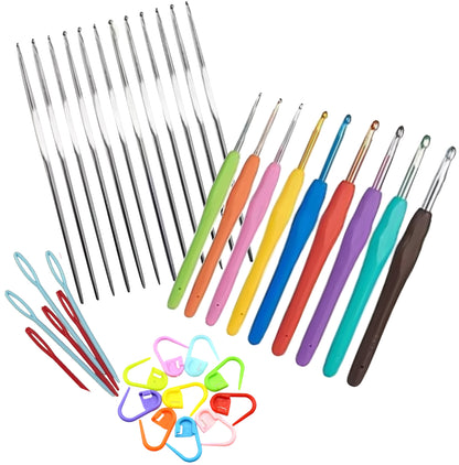 Set of colorful crochet hooks with various sizes on a white background