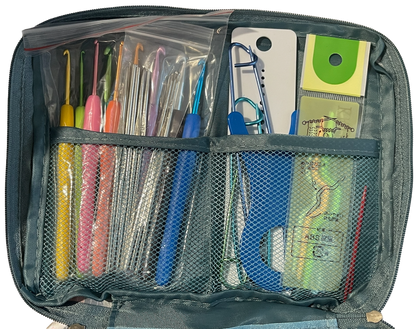 Organized crochet hook set in a clear pouch with various colors and sizes.