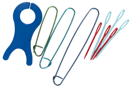 Set of colorful sewing needles and a blue plastic tool on a white background