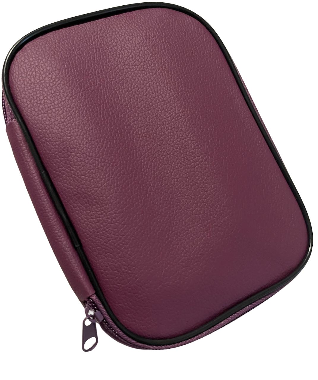 Purple faux leather case with a zipper on a white background