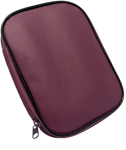 Purple faux leather case with a zipper on a white background