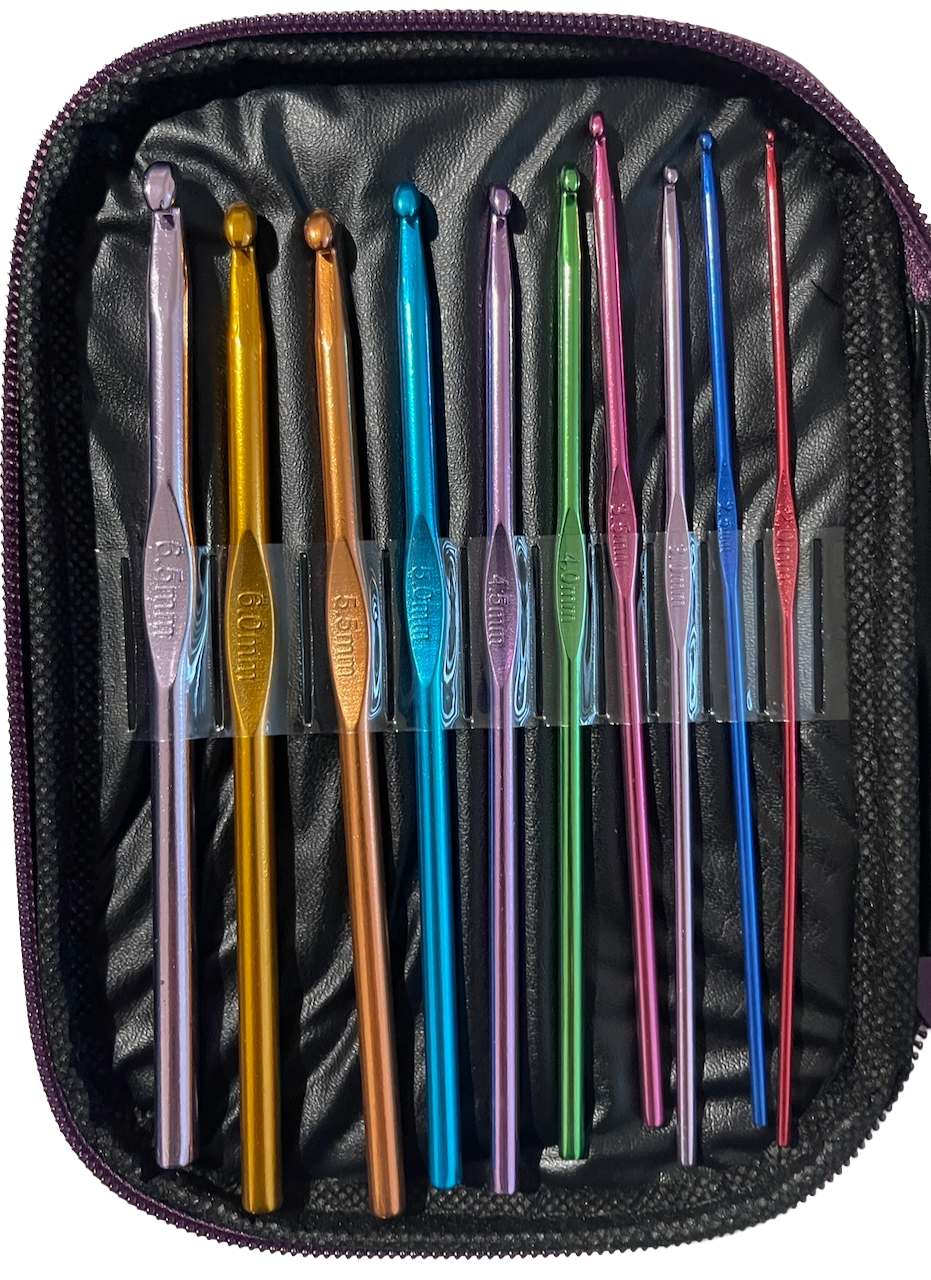 Set of ergonomic colorful crochet hooks in a Purple Zipper Case