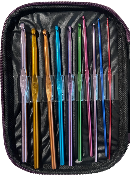 Set of ergonomic colorful crochet hooks in a Purple Zipper Case