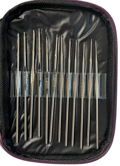 Set of metal crochet hook needles in a Purple case